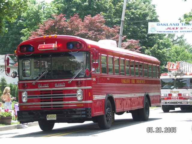 1045 (Company #3) 1985 Blue Bird School Bus. Donated by the Oakland Board of Education to the Oakland Fire Department in 2004. The bus was refurbished by the Oakland Fire Department with a generous gift from Mrs. Lillian Booth. The bus is heated, air conditioned, has a small counter area and a side awning for rehab. It is also used for transportation of fire personal and evacuations. 

